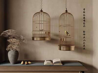 Golden Birdcages Hanging Gray Vase Dried Flowers Open Book Chinese Living Items 3d model