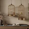 Golden Birdcages Hanging Gray Vase Dried Flowers Open Book Chinese Living Items