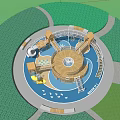 Outdoor Children's Play Area With Circular Design Wooden Slides Blue Floor And Greenery