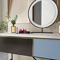 Modern Dressing Table With Round Mirror Marble Countertop Cosmetics And Beige Stool 3d model