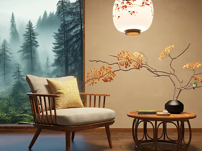 Wooden Leisure Chair with Cushion by Forest Scenery and Side Table with Flower Vase 3d model