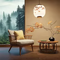 Wooden Leisure Chair with Cushion by Forest Scenery and Side Table with Flower Vase