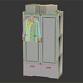 Wooden Wardrobe With Mesh Doors Drawers Below Plaid Shirt Hanging And Cardboard Boxes On Top