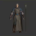 Woman with white hair in blue cloak and brown robe holding staff with green gem