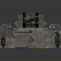 Cartoon Mechanical Device With Gray Metal Structure Red Components And Warning Stripes