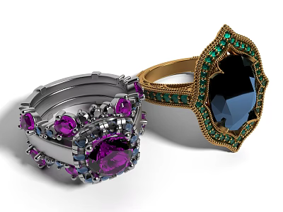 Exquisite Silver Gold Rings With Purple Blue Green Gemstones In Decorative Setting 3d model