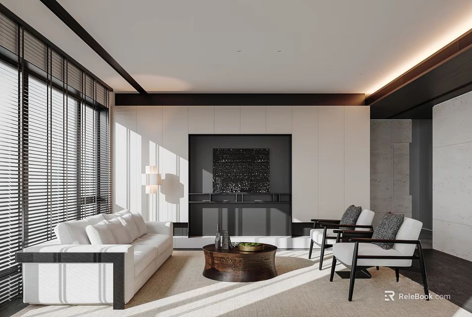 Elegant Modern Living Dining Room Interior With White Sofa Coffee Table And Dining Chairs 3d model 