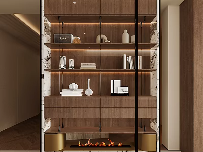 Modern Wooden Display Cabinet With Glass Doors Lighting Strips Books Vases And Decorative Items 3d model