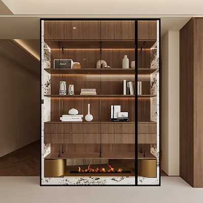 Modern Wooden Display Cabinet With Glass Doors Lighting Strips Books Vases And Decorative Items 3d model