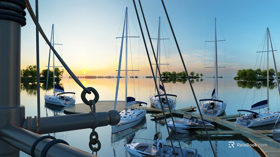 Yachts Docked At Marina With Calm Water And Sunset View 3d model 