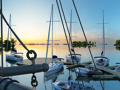 Boat Marina Sea Evening Scene Lake 3d model