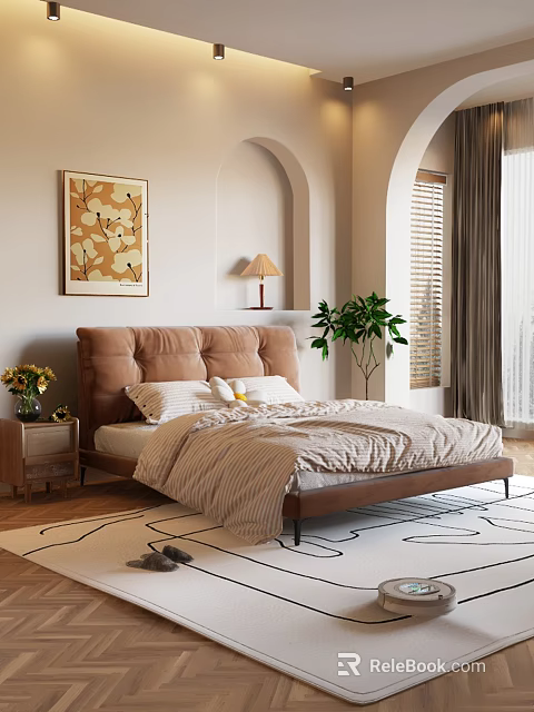 Modern Bedroom Interior Design With Tufted Headboard Beige Bedding Nightstand Lamp Wall Art And Plant 3d model 