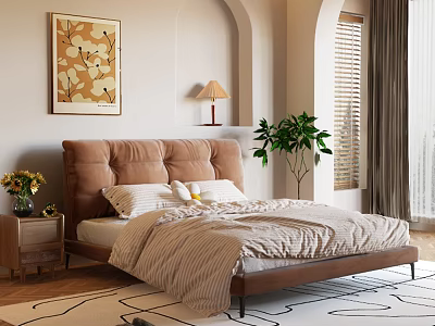 Modern Bedroom Interior Design With Tufted Headboard Beige Bedding Nightstand Lamp Wall Art And Plant 3d model