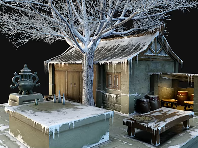 Ancient Building With Snow Covered Roof Icicles Stone Walls And Wooden Door Under Tree 3d model