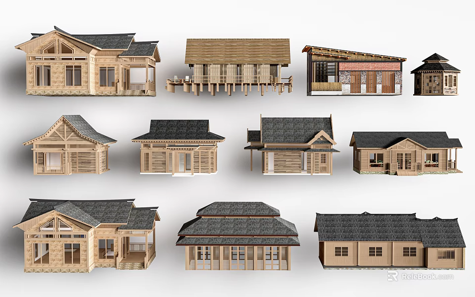 Traditional Wooden House Models With Various Architectural Designs And Roof Styles 3d model 