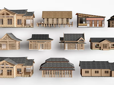 Traditional Wooden House Models With Various Architectural Designs And Roof Styles 3d model