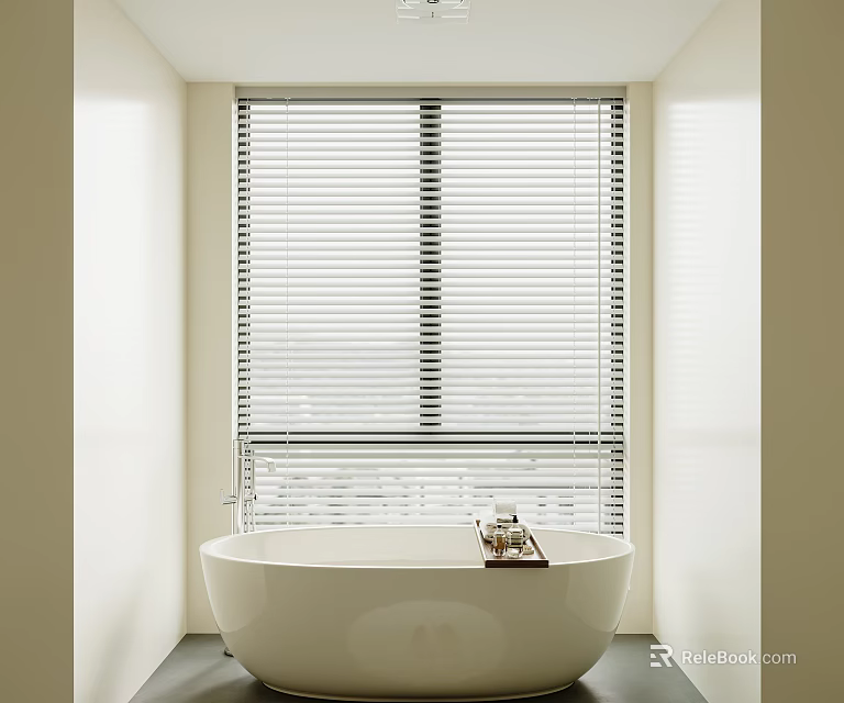 Modern Bathroom Design Featuring White Window Blinds And Freestanding Tub 3d model 