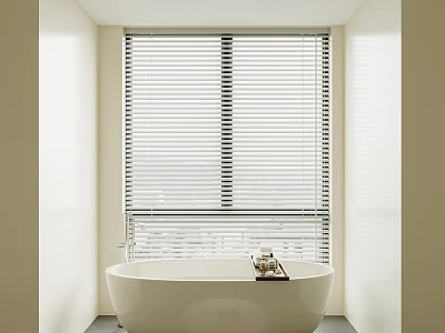 Modern Bathroom Design Featuring White Window Blinds And Freestanding Tub 3d model