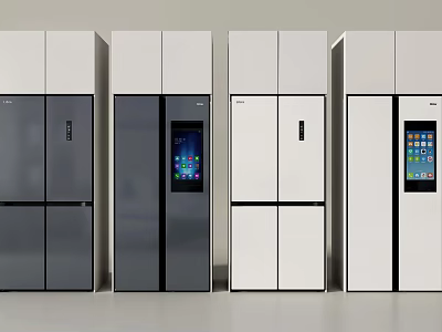 Modern Gray And White Refrigerators With Digital Touchscreen Displays In Different Styles 3d model