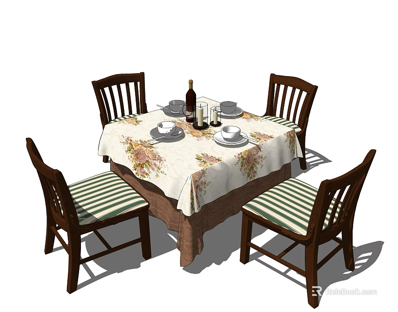 Traditional Dining Table Set With Floral Tablecloth Four Chairs Tableware Wine Bottle And Candles 3d model 