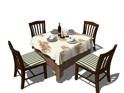 Traditional Dining Table Set With Floral Tablecloth Four Chairs Tableware Wine Bottle And Candles 3d model