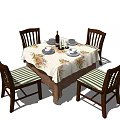 Traditional Dining Table Set With Floral Tablecloth Four Chairs Tableware Wine Bottle And Candles
