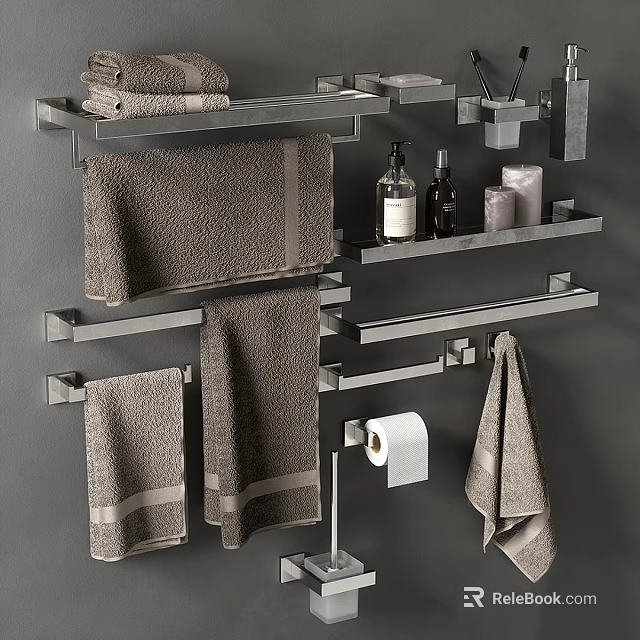 Modern Bathroom Accessories Set With Towel Racks Towels Toiletries And Toilet Paper Holder 3d model 