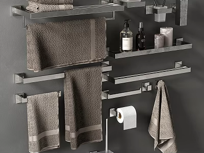 Modern Bathroom Accessories Set With Towel Racks Towels Toiletries And Toilet Paper Holder 3d model