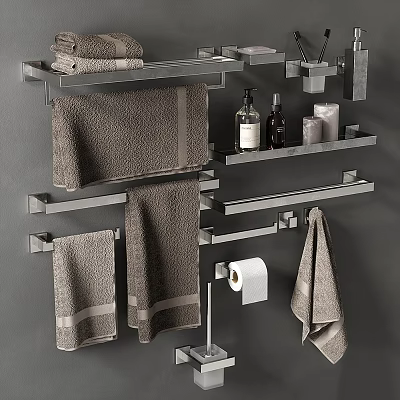 Modern Bathroom Accessories Set With Towel Racks Towels Toiletries And Toilet Paper Holder 3d model