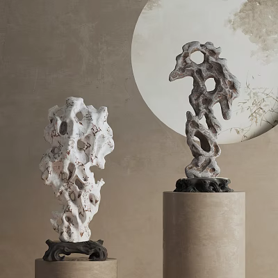 Two Traditional Rock Like Sculpture Carving With Hollow Design On Pedestals And Circular Bamboo Backdrop 3d model