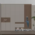 Modern White And Wood Shoe Cabinet With Storage Shelves Seat And Indoor Plant