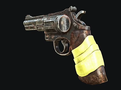 Rusted Revolver With Yellow Tape Wrapped Grip And Rustic Metal Finish 3d model
