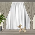 Dark Brown Curtains With White Sheer Panels And Green Plant In Modern Interior