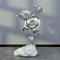 Floral Decoration With Three Blue Roses On Stone Base And Gray Background Shadow