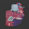 Colorful Cartoon Scene With Pink Brick Staircase Blue Tower And Mechanical Devices