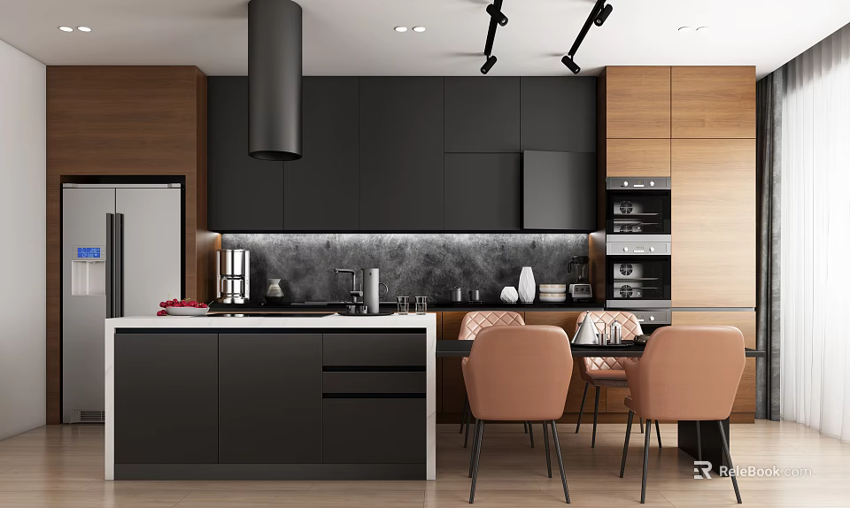 Modern Restaurant Kitchen With Black Cabinets Wooden Accents Marble Backsplash Dining Table Orange Chairs 3d model 