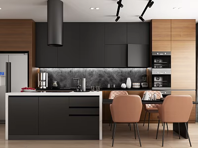 Modern Restaurant Kitchen With Black Cabinets Wooden Accents Marble Backsplash Dining Table Orange Chairs 3d model