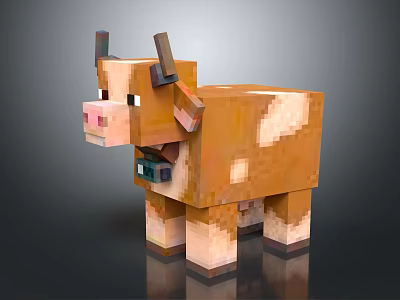 Pixelated Character Cow 3D Model With Brown And White Spots Horns Minecraft Style 3d model