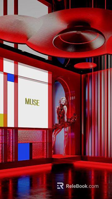 MUSE Bar Modern Red Interior Design With Stylish Female Figure Decor 3d model 