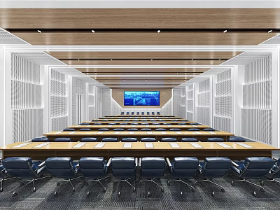 Modern Conference Room Interior With Long Tables Blue Chairs Wooden Ceiling And Large Screen 3d model