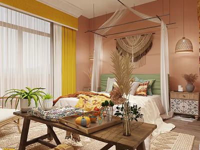 Hotel Room With Pink Walls Yellow Curtains White Canopy Bed Green Headboard And Colorful Cushions 3d model