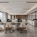 Modern Office Interior Design With Desk Chairs Bookshelves Sofa Marble Coffee Table And Plants