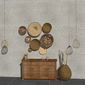 Natural Woven Circular Wall Decor with Wooden Cabinet and Hanging Lamps
