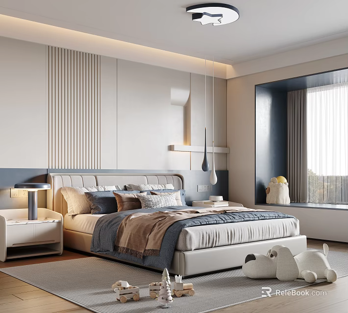 Cozy Kids Room Interior With Comfortable Bed Pillows Window Curtains And Stuffed Toys 3d model 