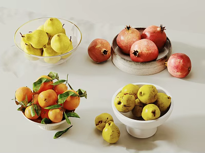 Fresh Pears Pomegranates And Tangerines Arranged In Glass Wooden White Bowls 3d model