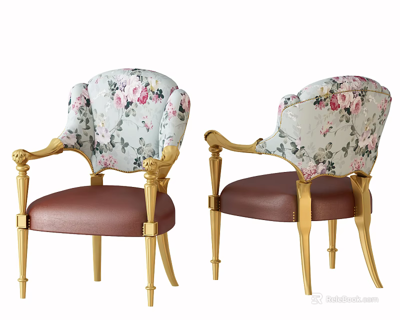 Elegant European Style Dining Chairs With Floral Pattern Golden Frame And Leather Seat 3d model 