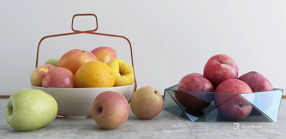 Fresh Assorted Fruits Apples Oranges Pears Plums in White Basket and Glass Bowl on Table 3d model 