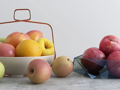 Fresh Assorted Fruits Apples Oranges Pears Plums in White Basket and Glass Bowl on Table 3d model