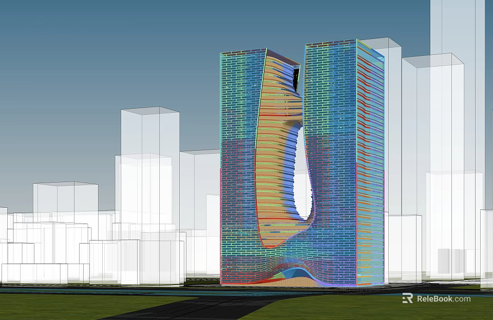 Modern High Rise Office Building With Unique Curved Glass Facade And Urban Skyline 3d model 