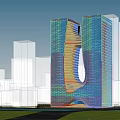 Modern High Rise Office Building With Unique Curved Glass Facade And Urban Skyline